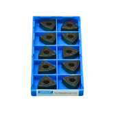Top view of 10 Kyocera WNMG080412PQ CA125P turning inserts showing PQ chipbreaker detail.