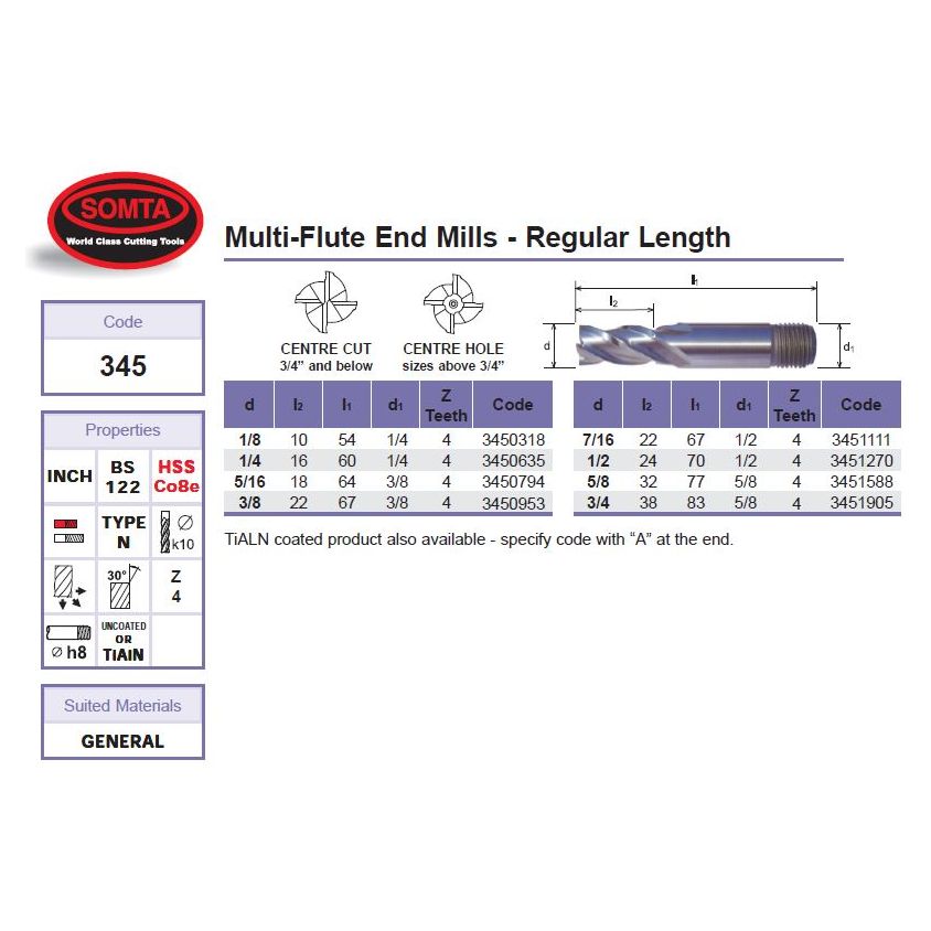 SOMTA – Series 345 HSS-Co8 Multi-Flute End Mill 5/8″ – Multi-Purpose Cutter
