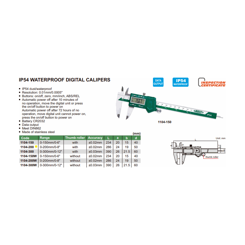 INSIZE IP54 Digital Caliper  0-200mm / 0-8" Range Series 1104-200