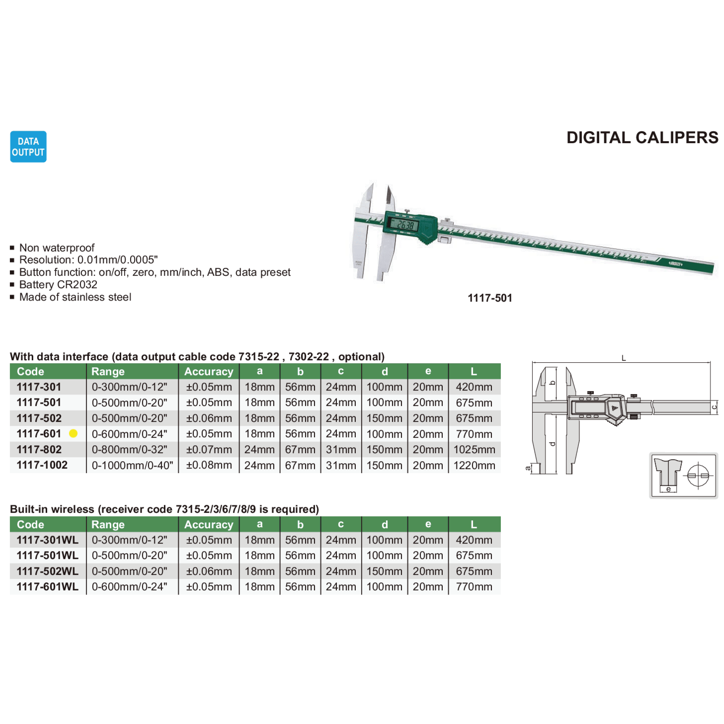 Insize Digital Caliper 0-600mm / 0-12" Range Series 1117-601