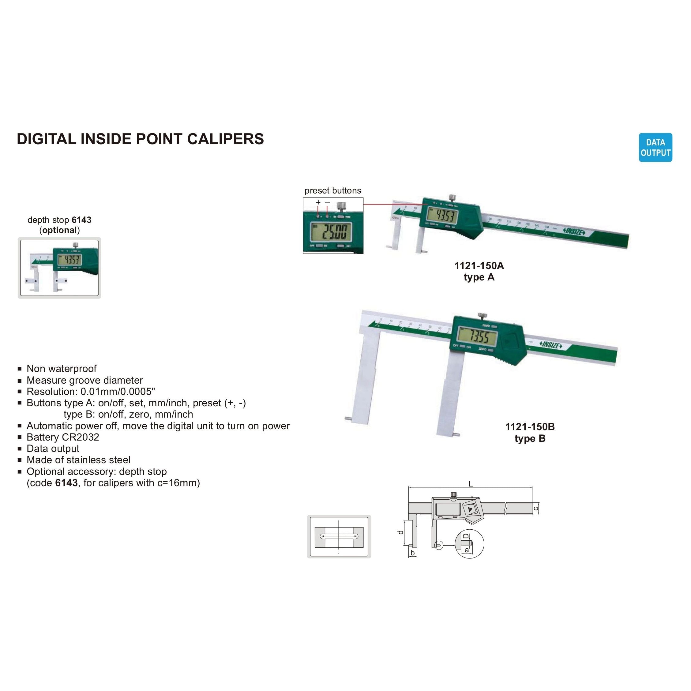 Insize Digital Inside Point Caliper 24-150mm Range Series 1121-150A