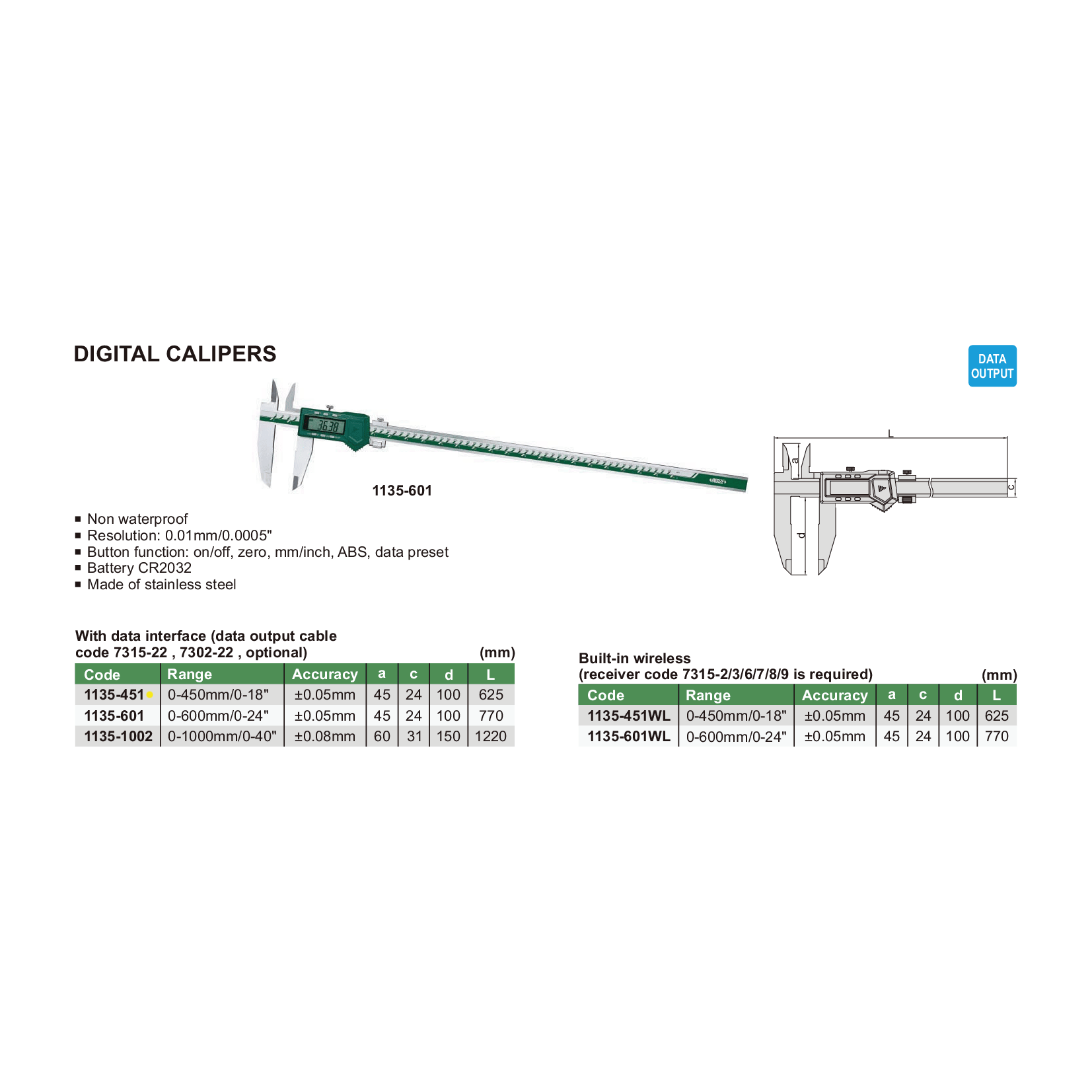 Insize Digital Caliper  0-450mm / 0-18" Range Series 1135-451