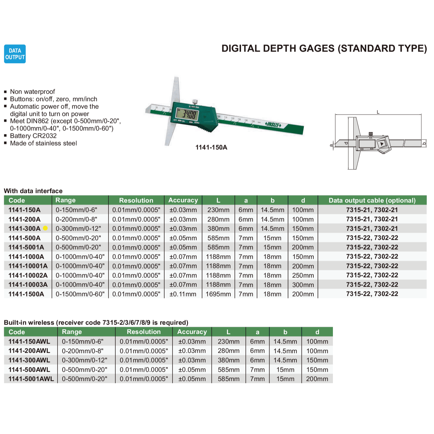 Insize Digital Depth Gauge 0-300mm/0-12" Range Series 1141-300A