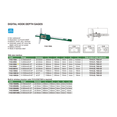 Insize Digital Hook Depth Gauge 0-300mm / 0-12" Range Series 1142-300A