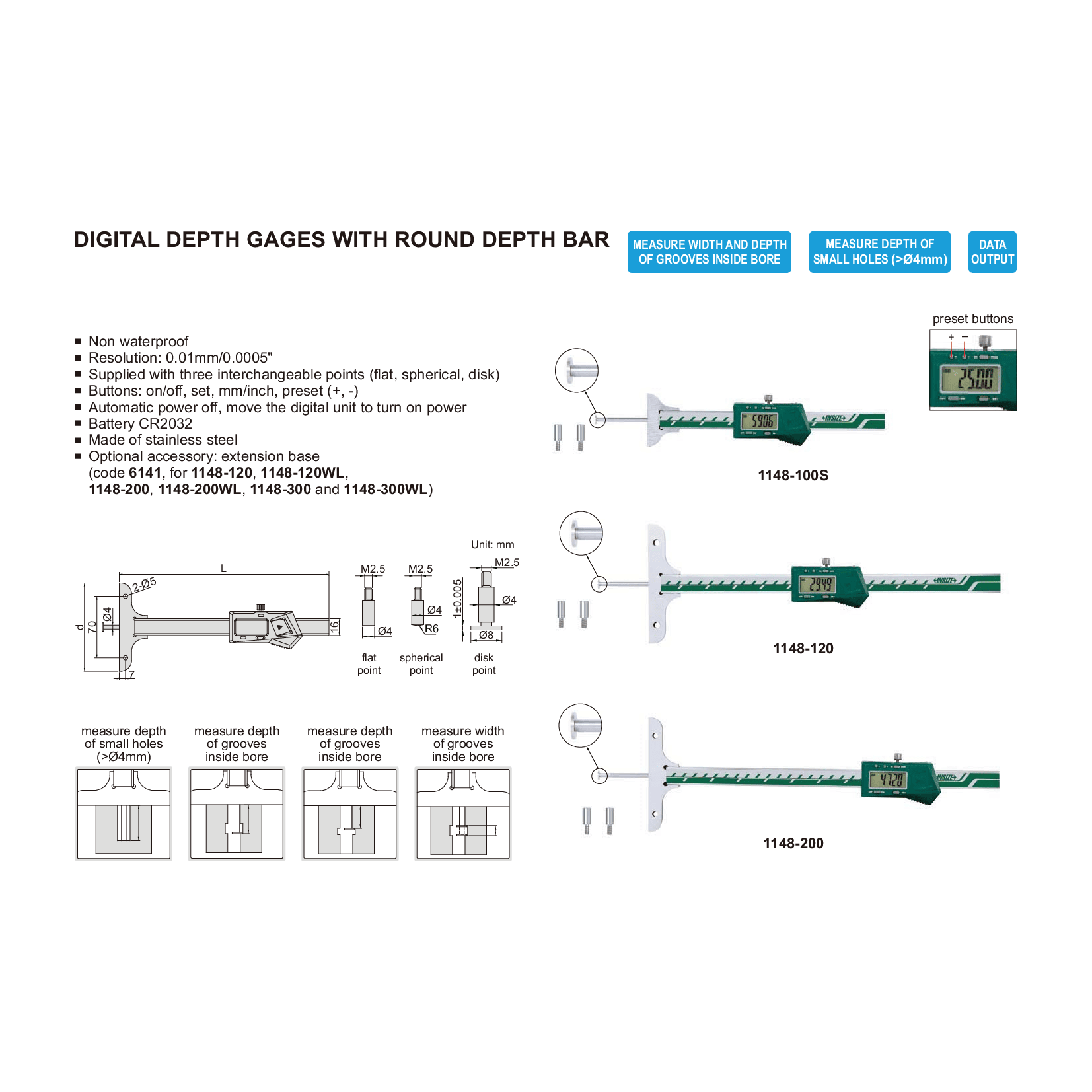 Insize Digital Depth Gauge 0-100mm / 0-4" Range Series 1148-100