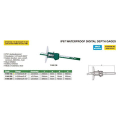 Insize IP67 Digital Depth Gauge 0-150mm / 0-6" Range Series 1149-150