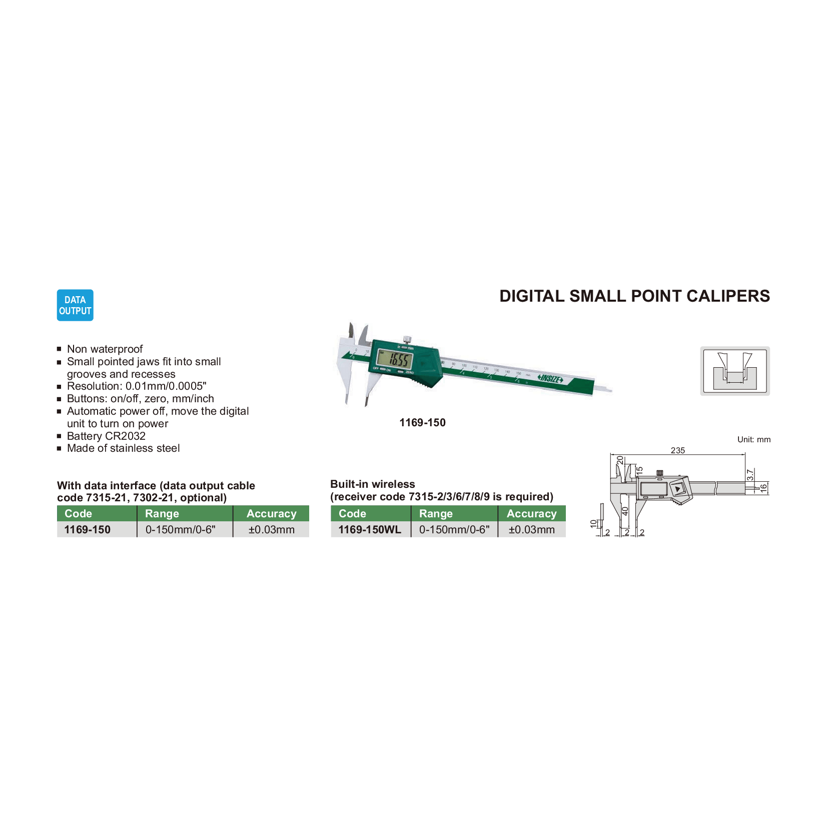 Insize Digital Small Point Caliper 0-150mm/0-6" Range Series 1169-150