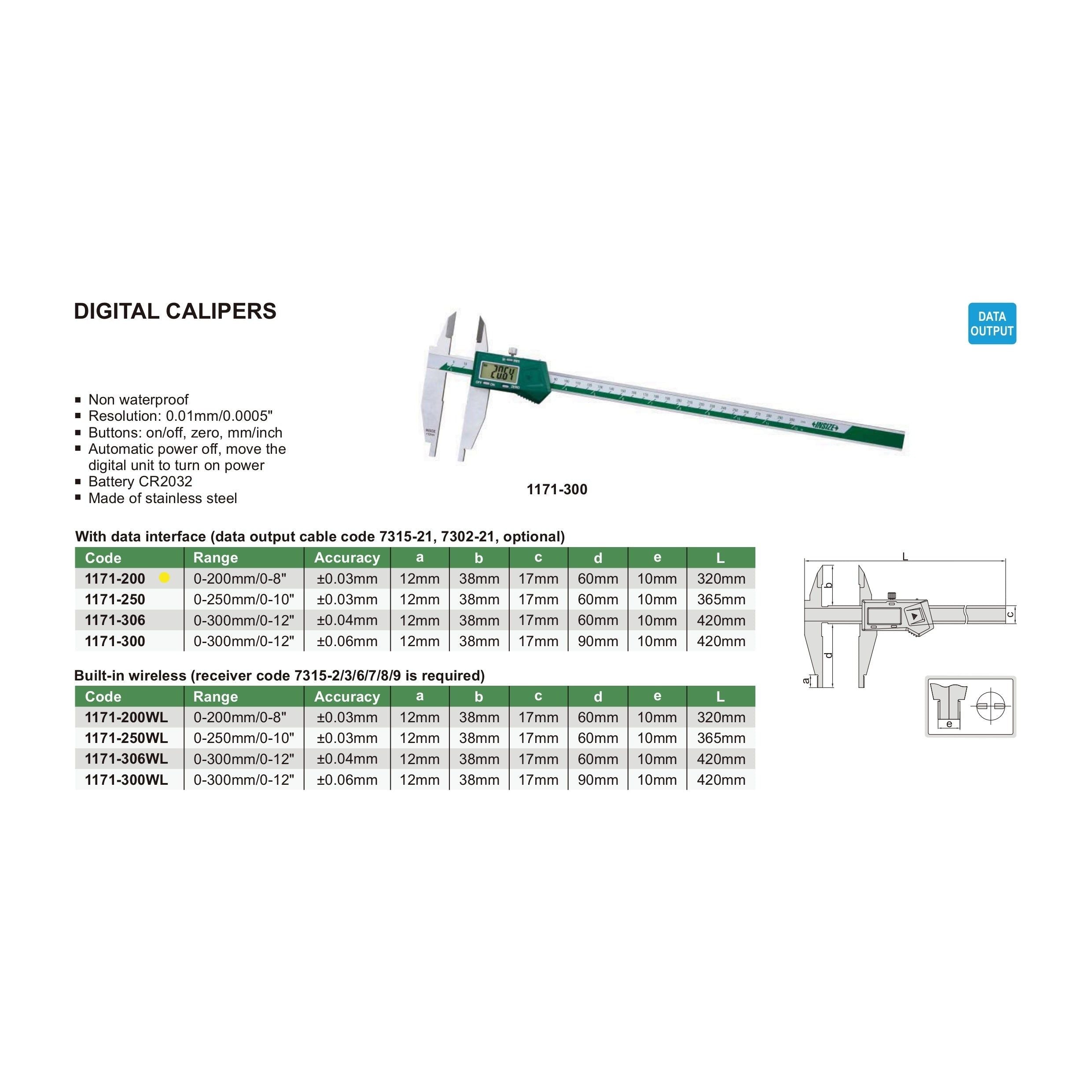 Insize Digital Caliper 0-200mm/0-8" Range Series 1171-200