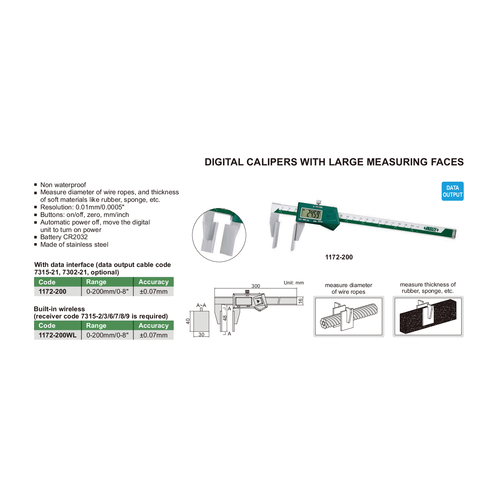 Insize Large Face Digital Caliper 0-200mm/0-8" Range Series 1172-200