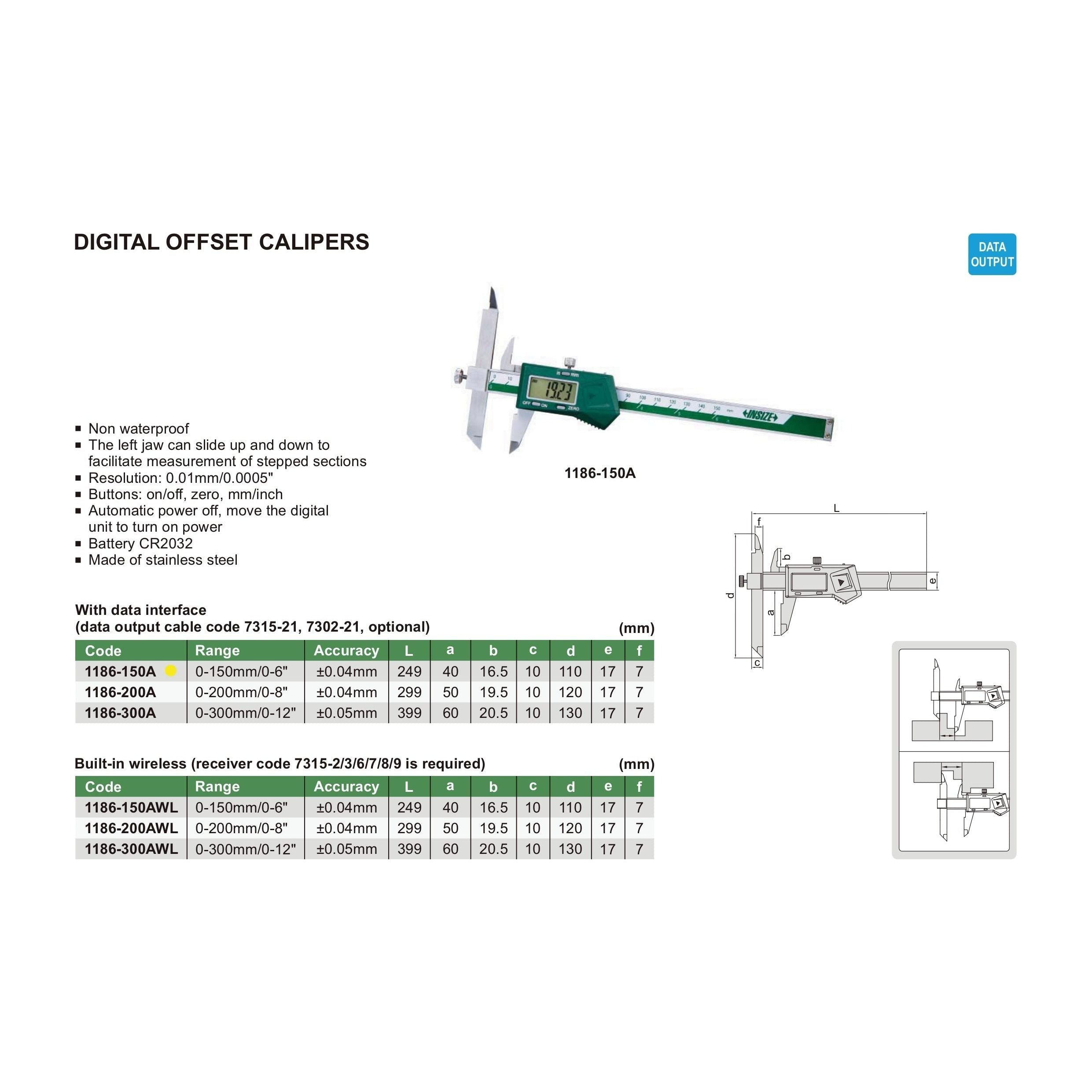 Insize Digital Offset Caliper 0-150mm/0-6" Range Series 1186-150A