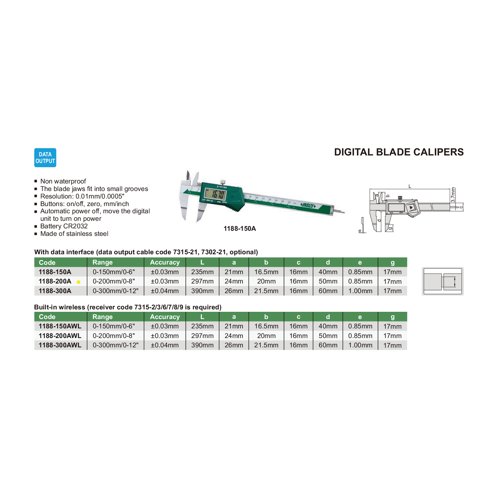 Insize Digital Blade Caliper 0-200mm / 0-8" Range Series 1188-200A