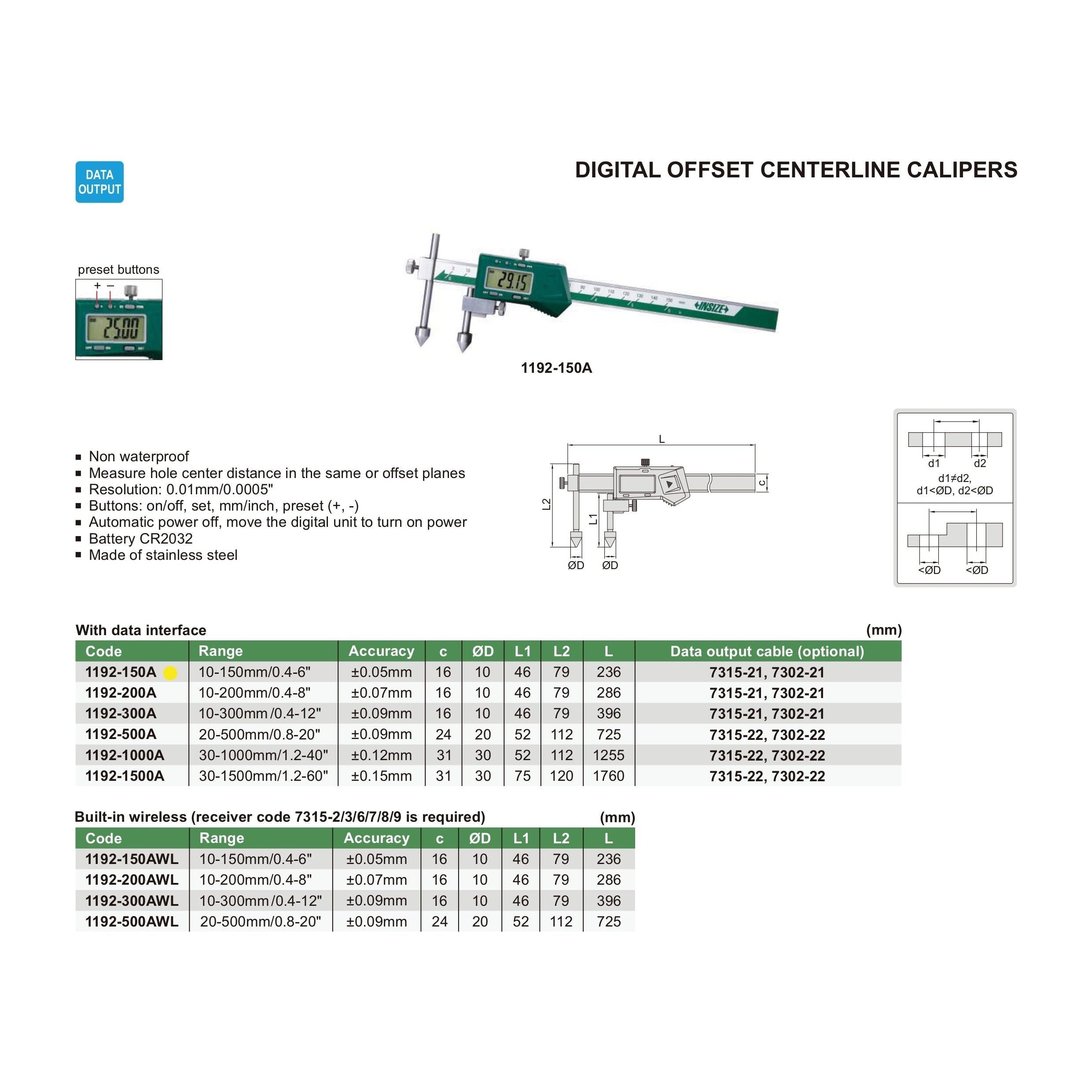 Insize Digital Offset Caliper 10-150mm Range Series 1192-150A