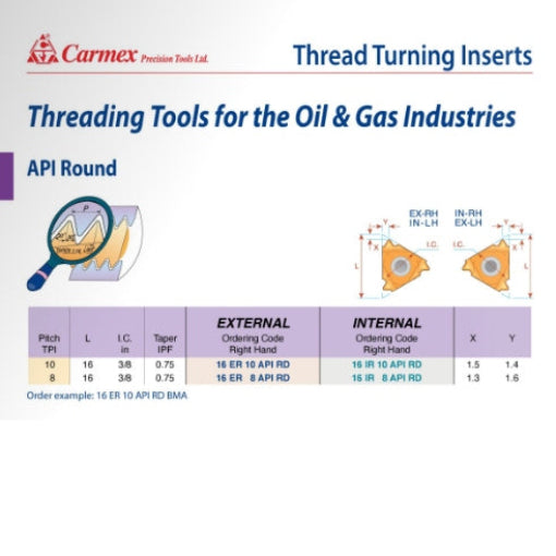 Carmex Internal Right Hand API Round Thread Turning Insert 8 TPI / 16 IR 8 API RD MXC