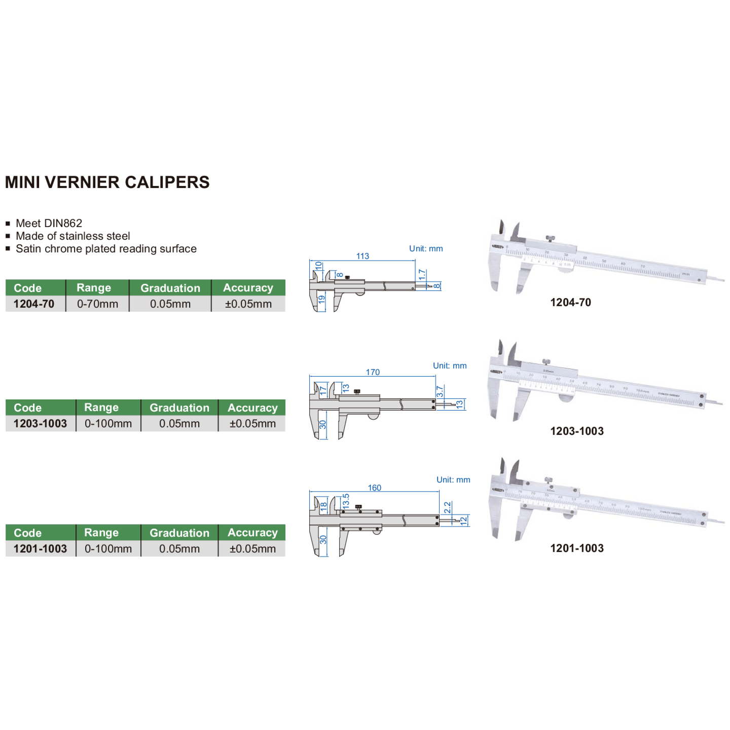 Insize Mini Vernier Caliper 0-100mm Range Series 1201-1003