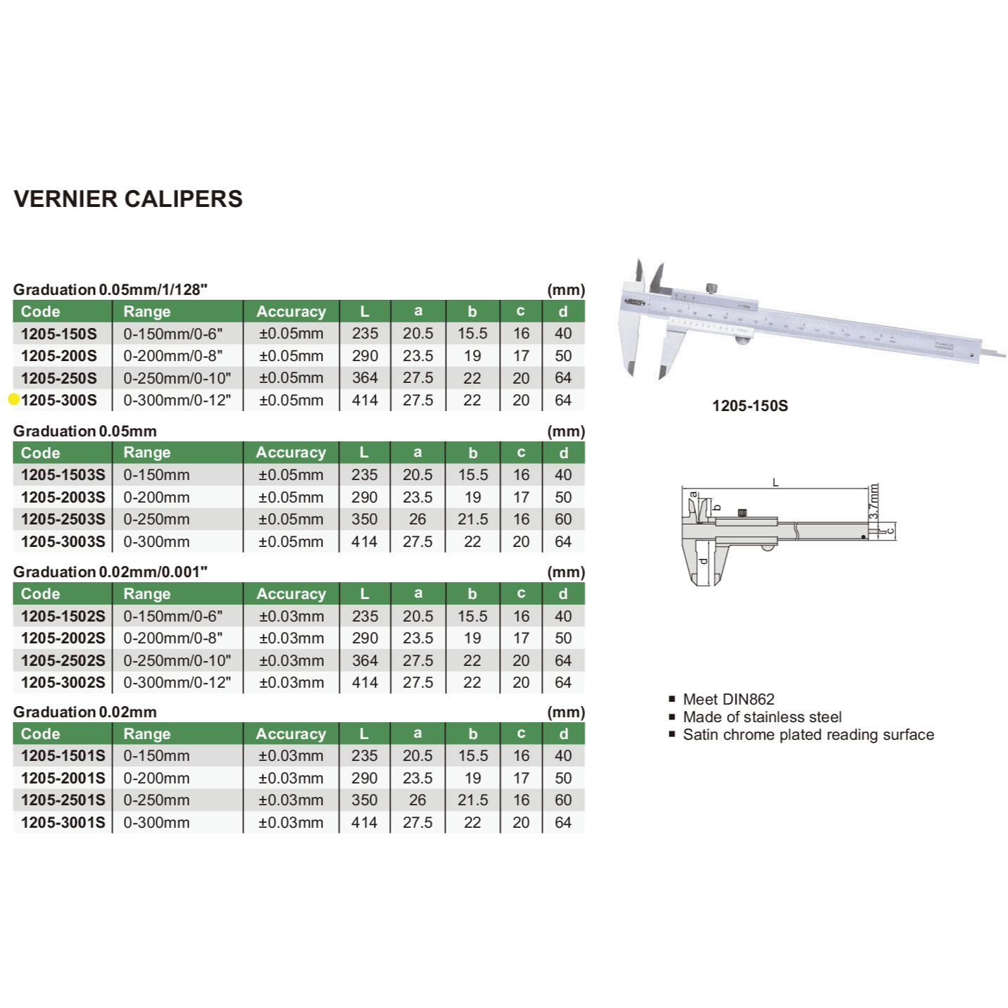 Insize Vernier Caliper 0-300mm/0-12" Range Series 1205-300S