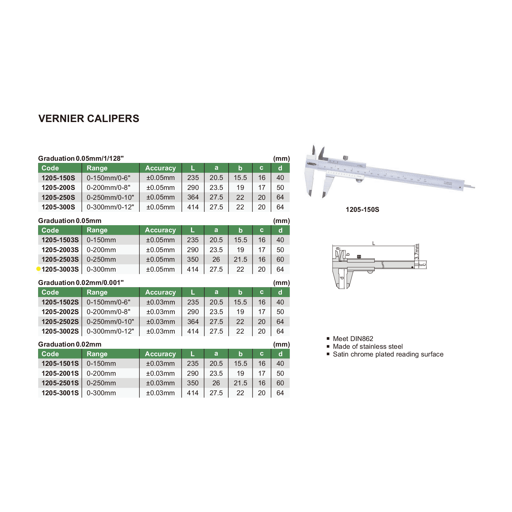 Insize Vernier Caliper 0-300mm/0-12" Range Series 1205-3002S