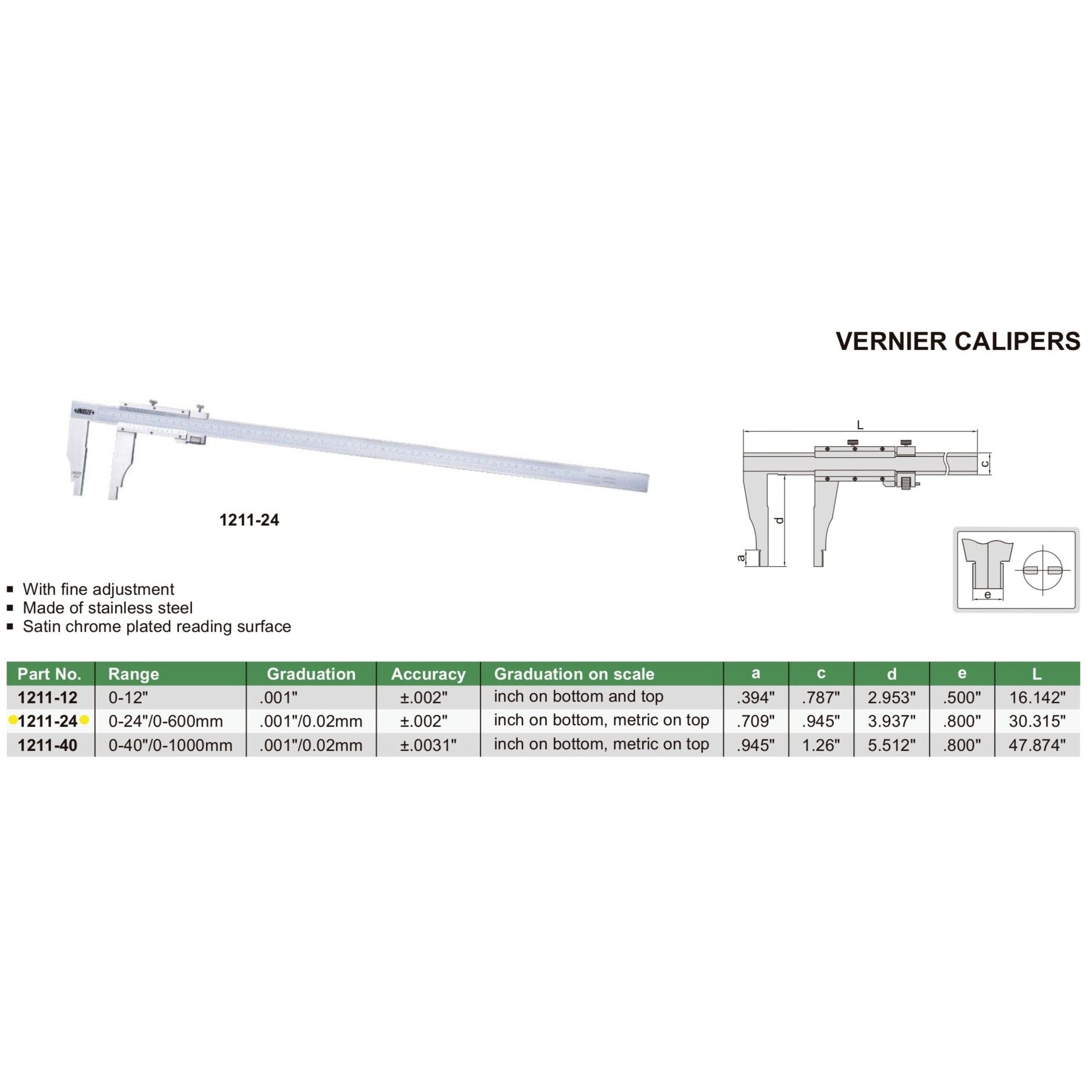 Insize Vernier Caliper 0-600mm/0-24" Range Series 1211-24