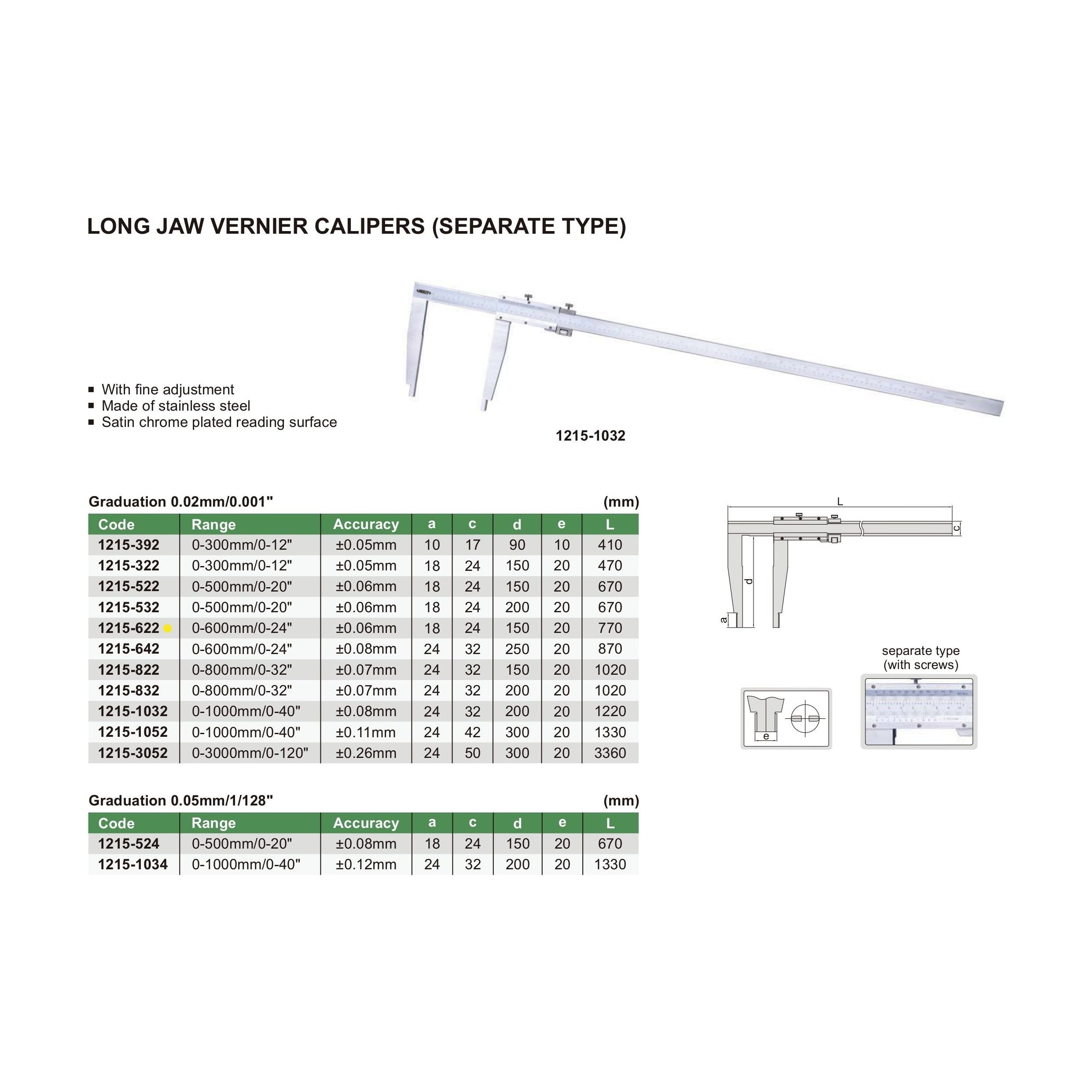 Insize Long Jaw Vernier Caliper 0-600mm/0-24" Range Series 1215-622