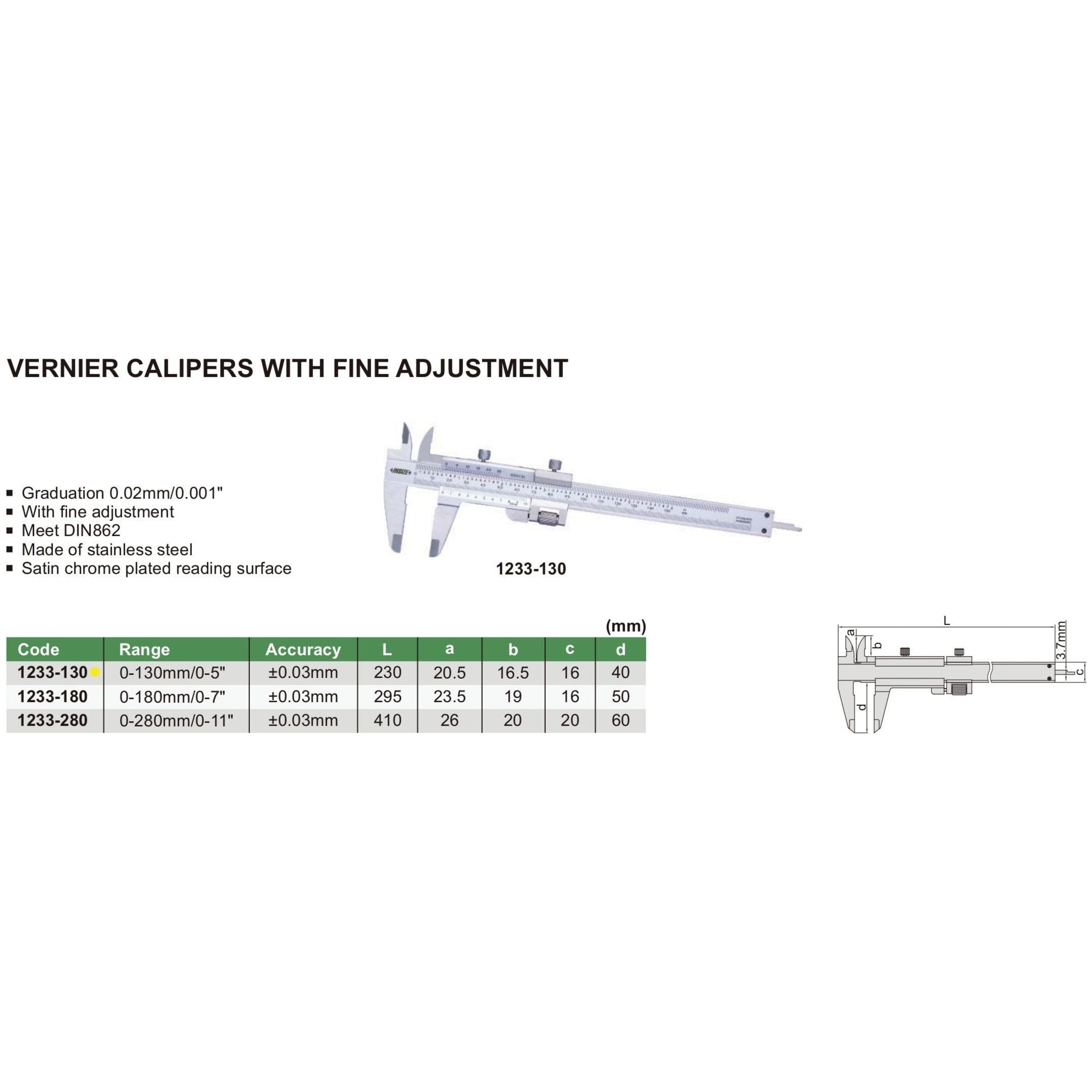 Insize Vernier Caliper 0-130mm/0-5" Range Series 1233-130