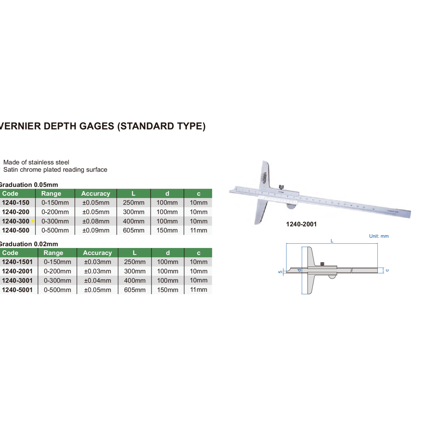 Insize Vernier Depth Gauge 0-300mm Range Series 1240-300