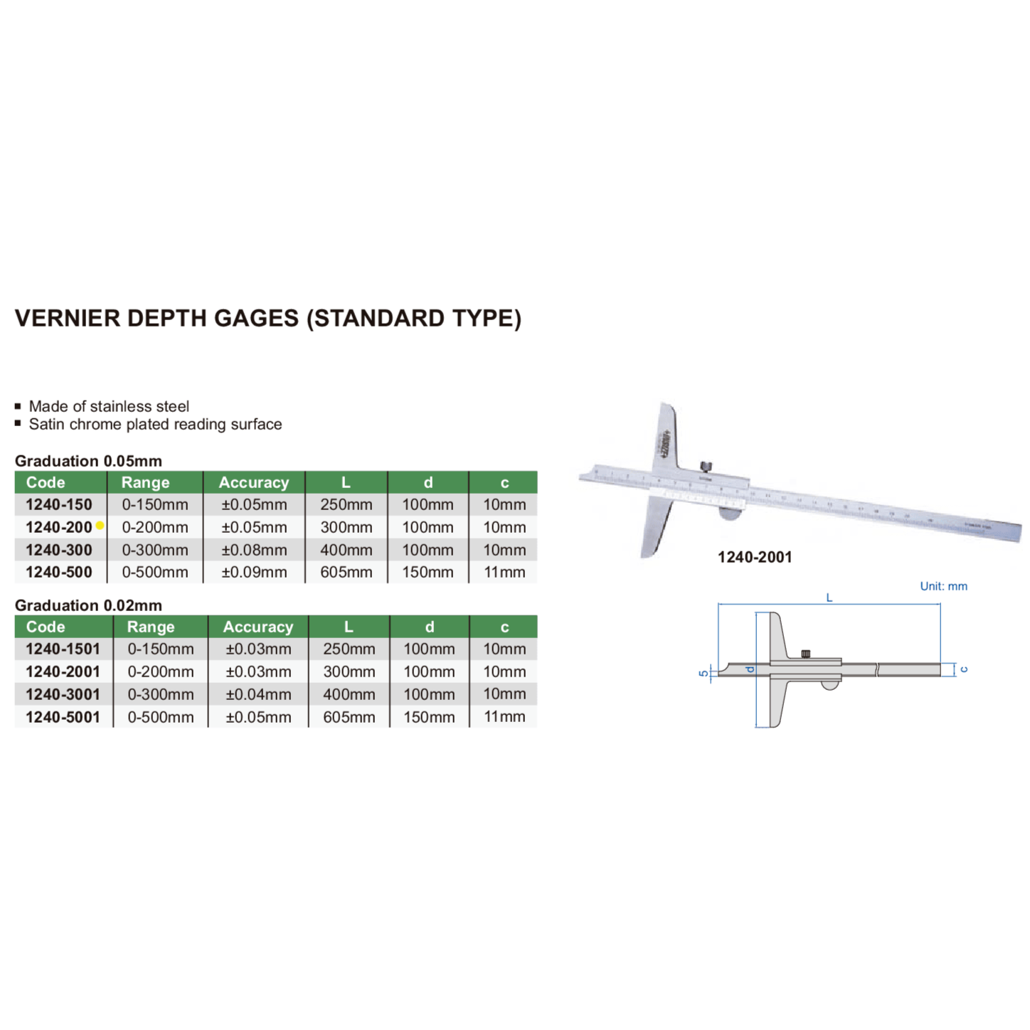 Insize Vernier Depth Gauge 0-200mm Range Series 1240-200