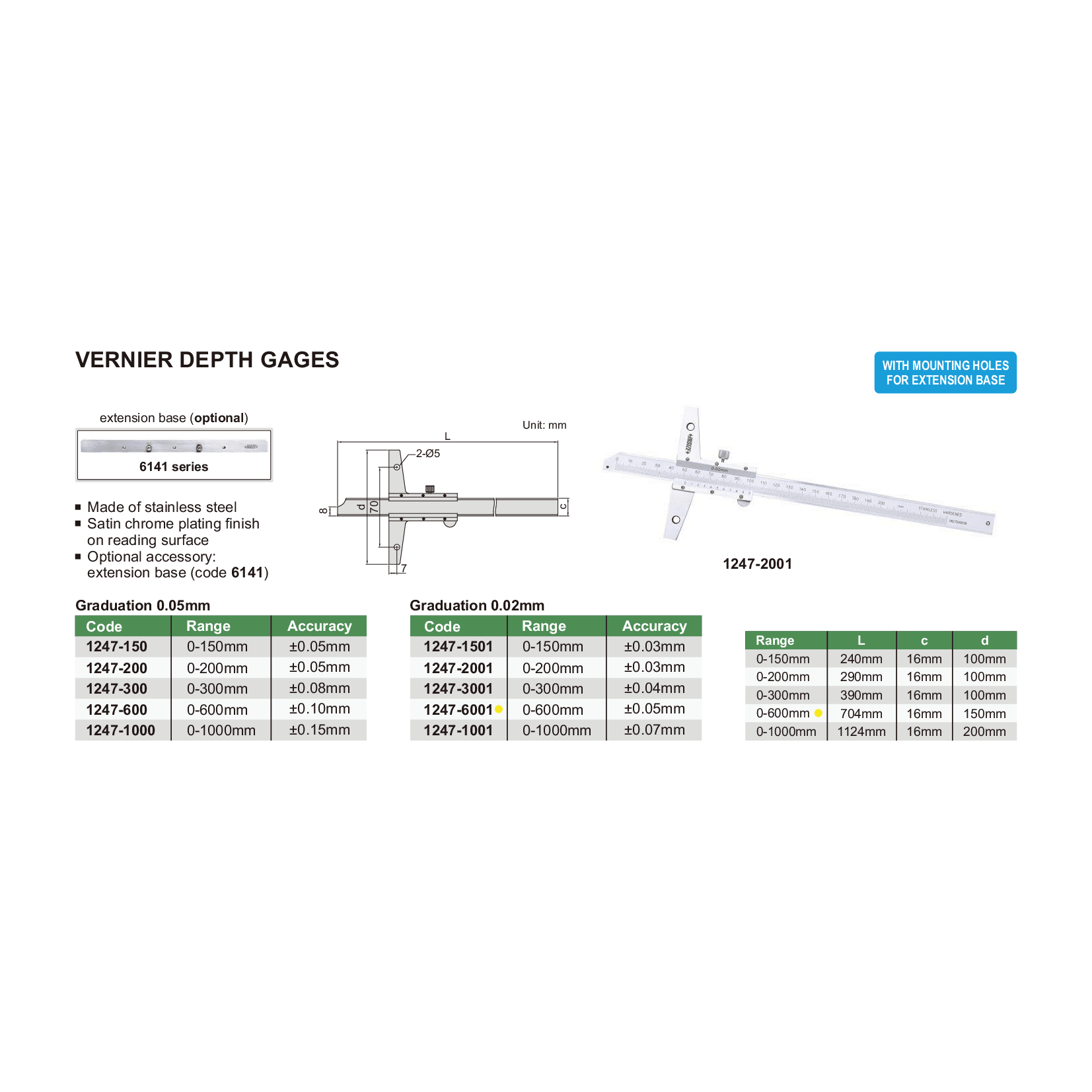 Insize Vernier Depth Gauge 0-600mm Range Series 1247-6001