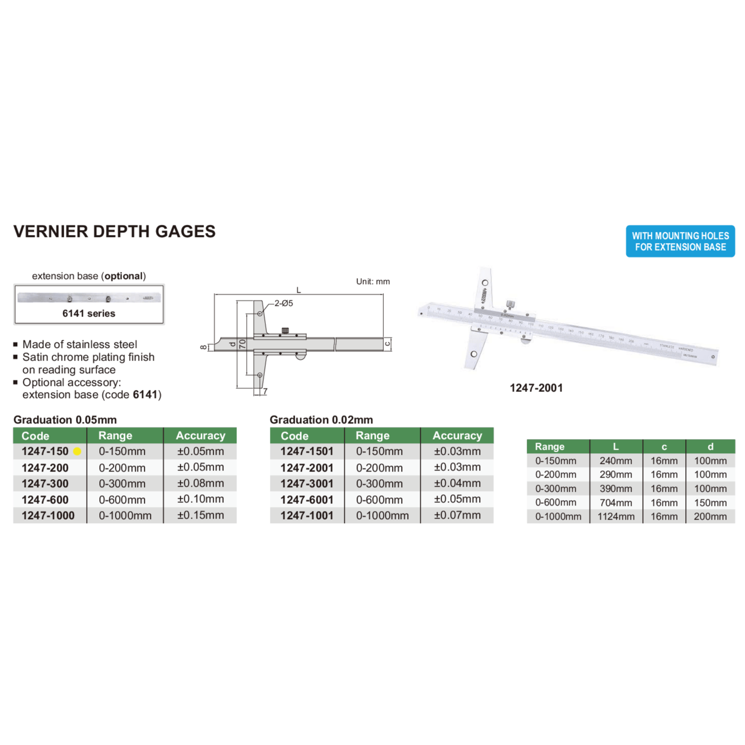 Insize Vernier Depth Gauge 0-150mm Range Series 1247-150