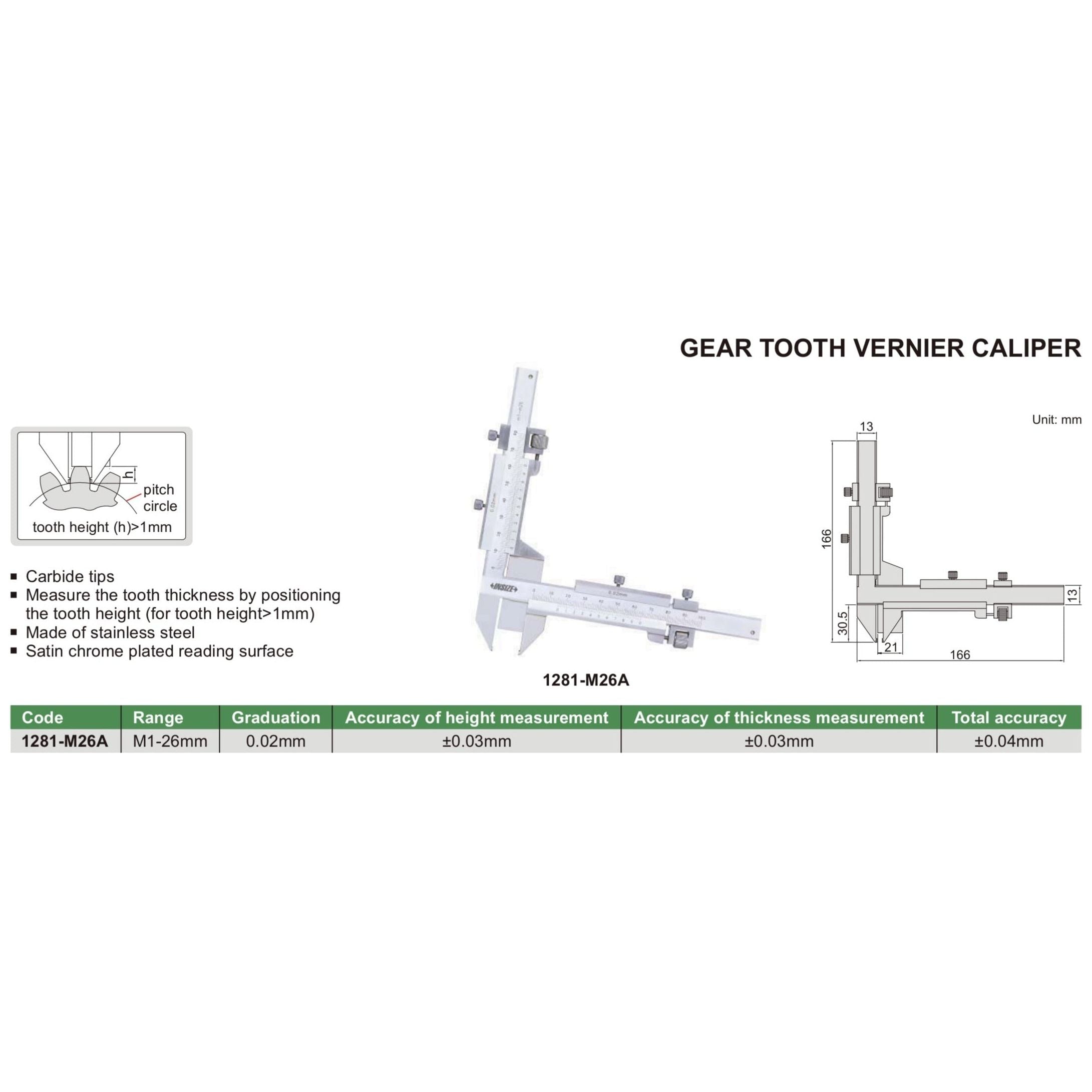 Insize Gear Tooth Vernier Caliper Range Series 1281-M26A