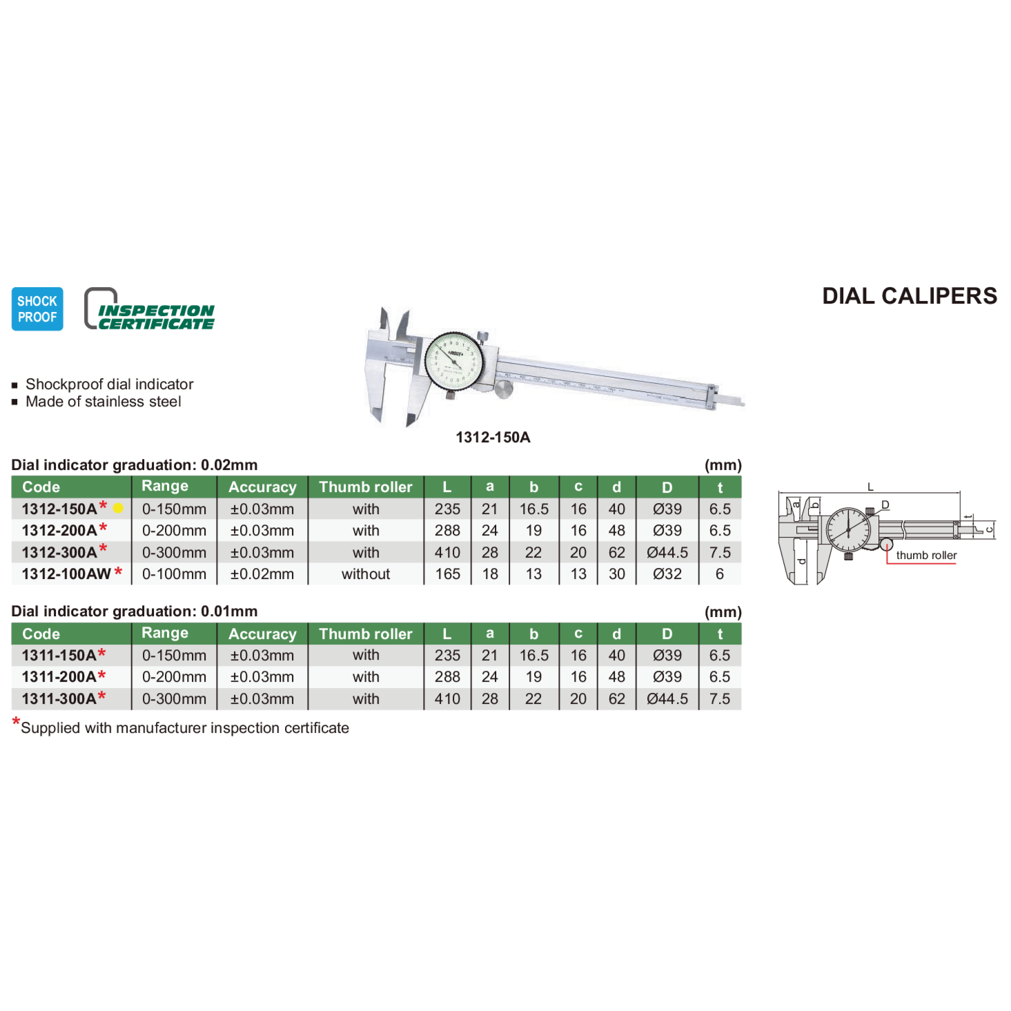 Insize Dial Caliper 0-150mm Range Series 1312-150A