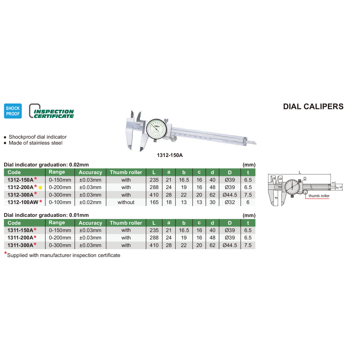 Insize Dial Caliper 0-200mm Range Series 1312-200A