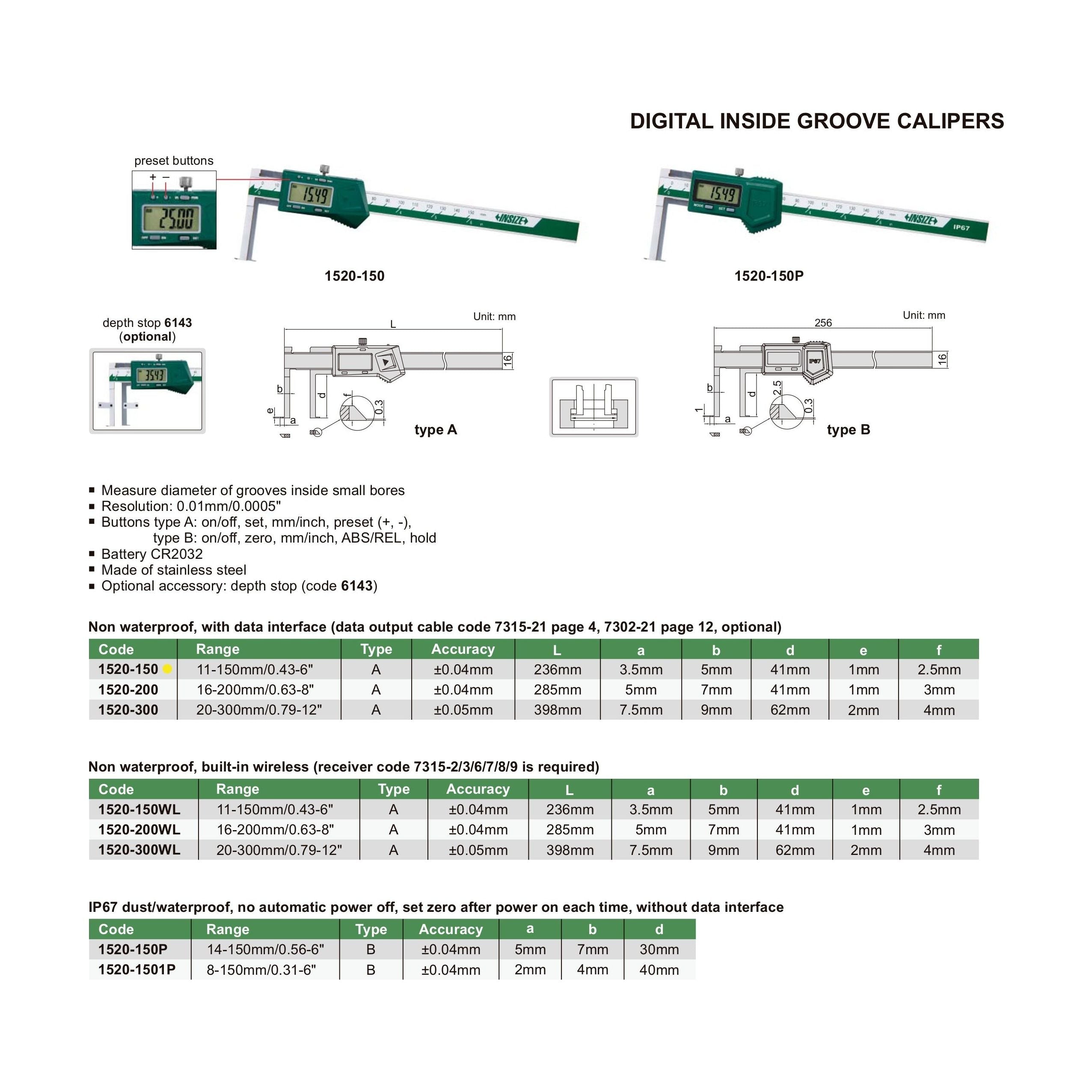 Insize Digital Inside Groove Caliper 11-150mm x 0.01mm Range Series 1520-150