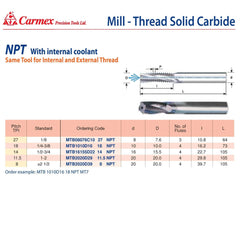 Carmex Mill Thread Solid Carbide 18 NPT with internal coolant bore 16.2mm