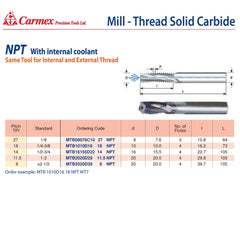 Carmex Mill Thread Solid Carbide 14 NPT with internal coolant bore 22.7mm