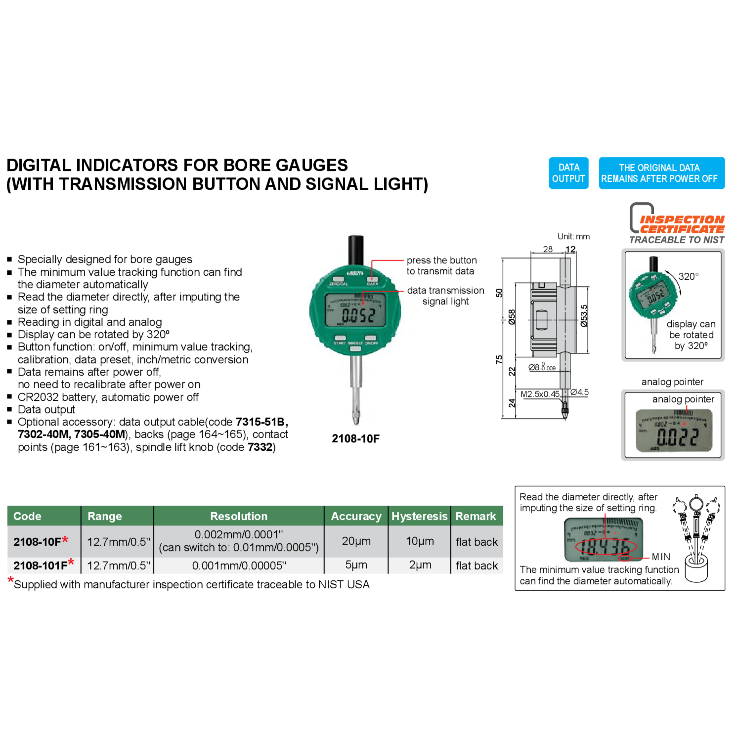 Insize Bore Gauge Digital Indicator 12.7mm/0.5" Range Series 2108-10F