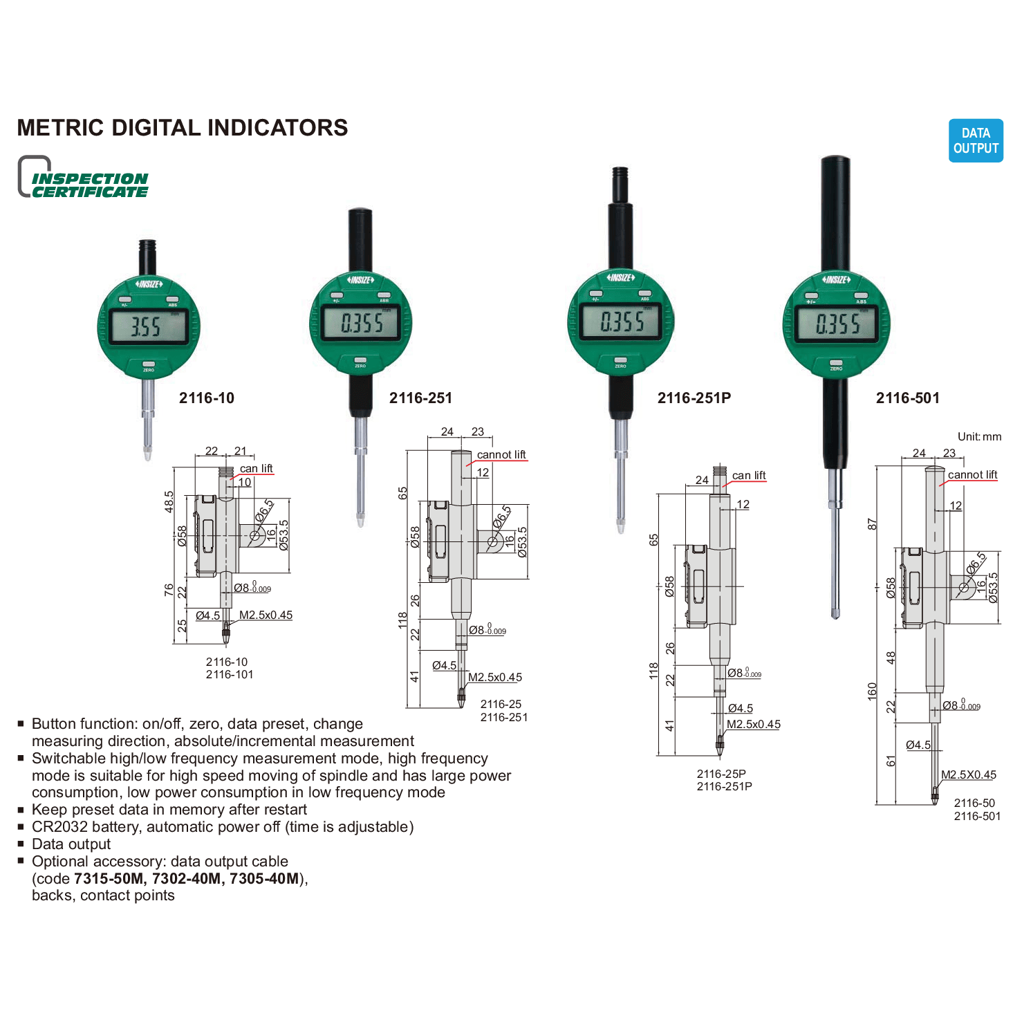 Insize Metric Digital Indicator 25.4mm Range Series 2116-251