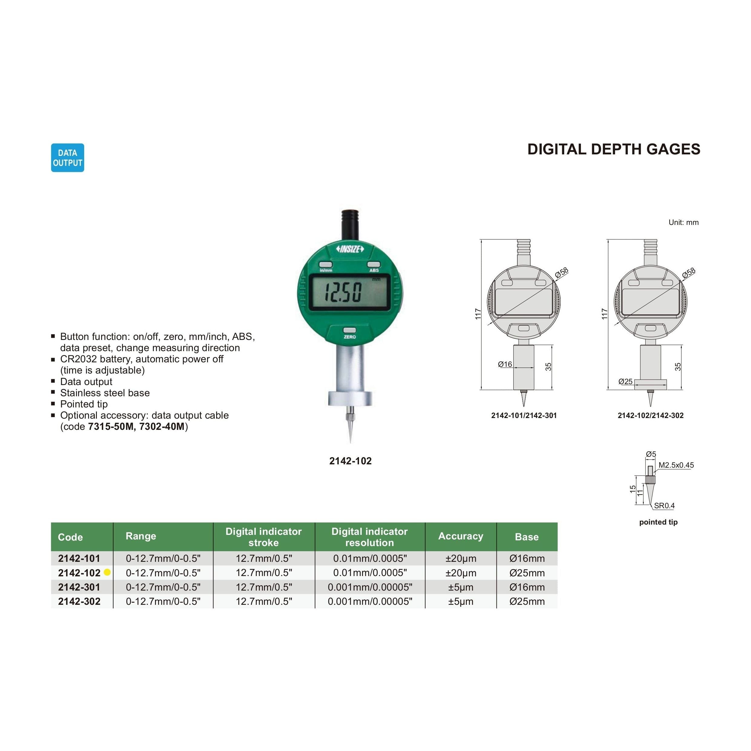 Insize Digital Mini Long Base Depth Gauge 0-12.7mm/0-0.5" Range Series 2142-102