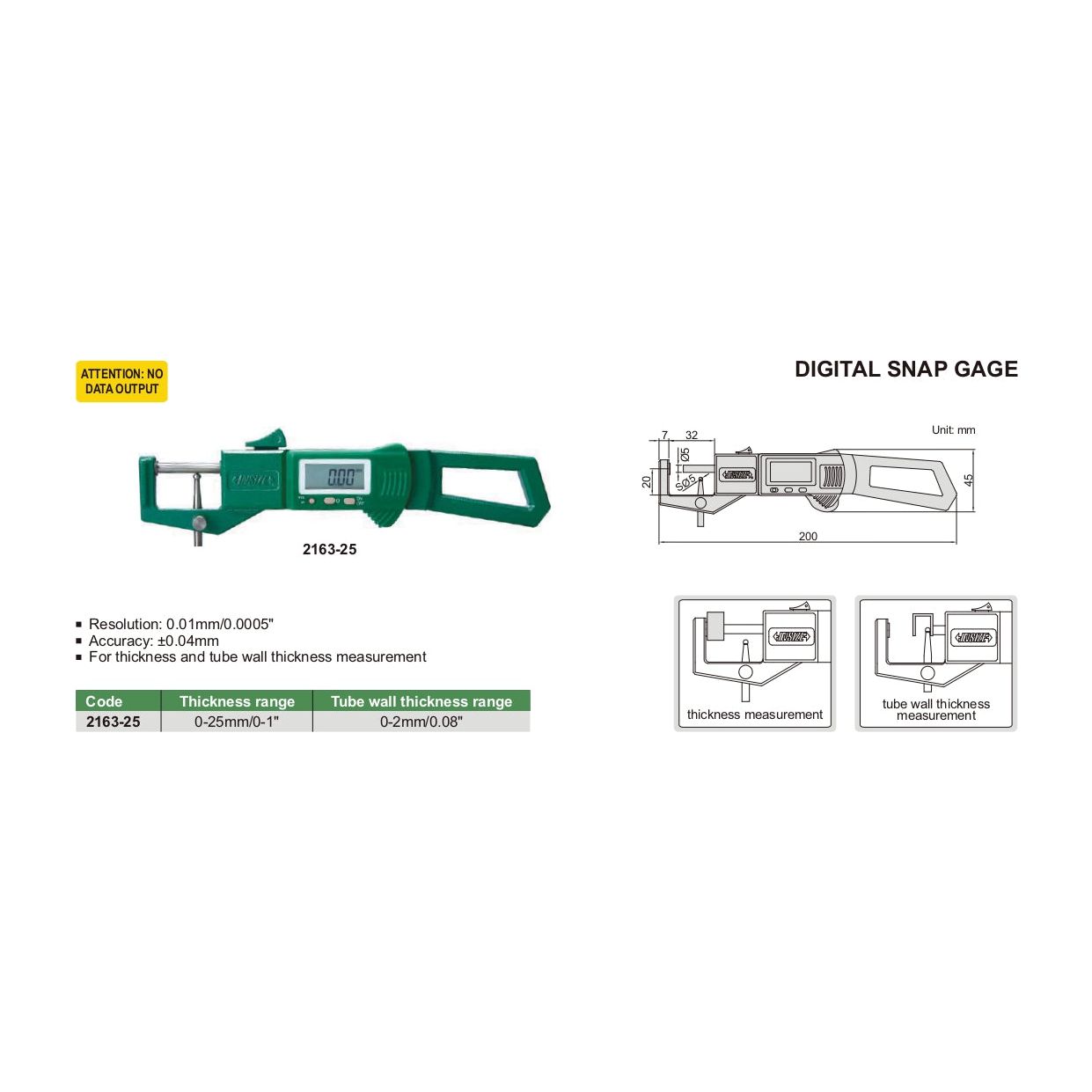 Insize Digital Snap Gauge 0-25mm/0-1" Range Series 2163-25