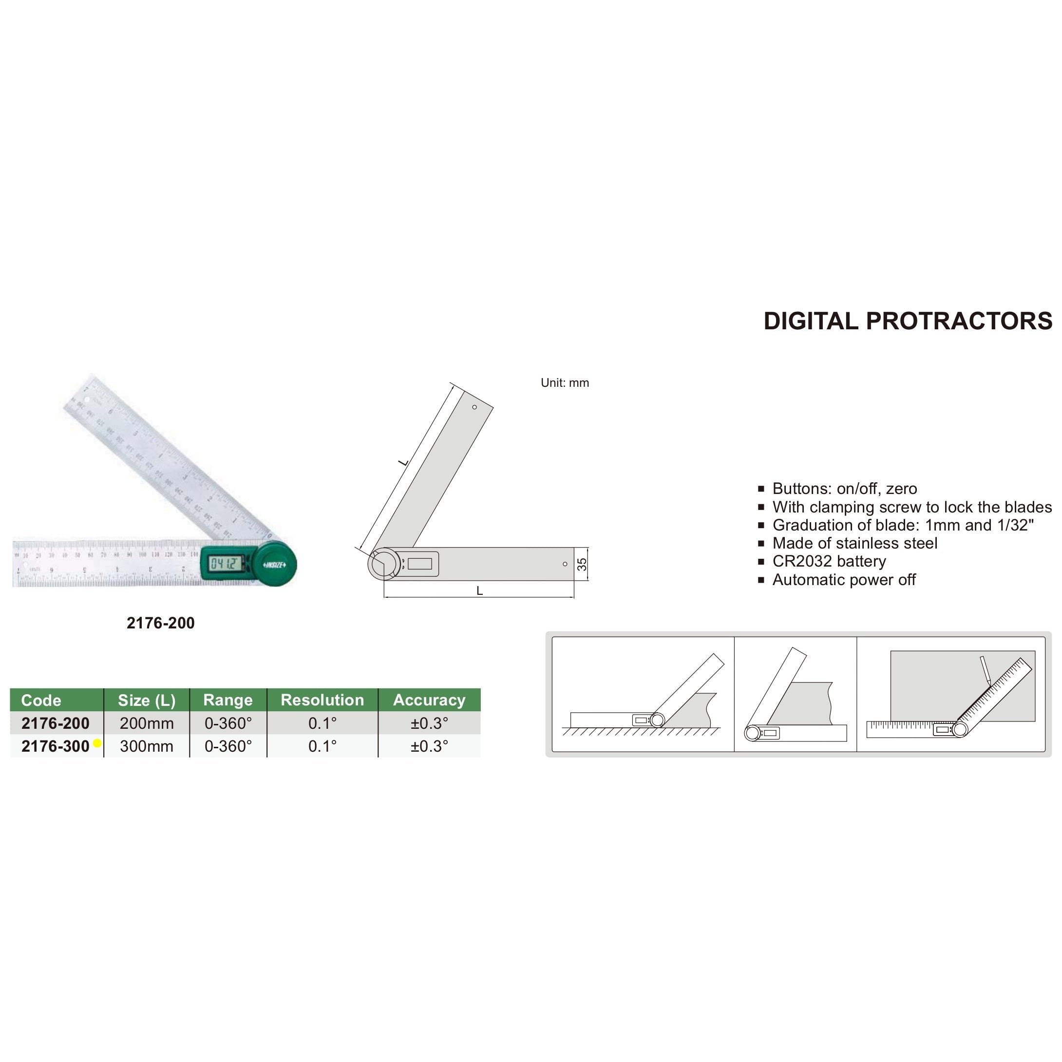 Insize Digital Degree Protractor 0-360 Range Series 2176-300