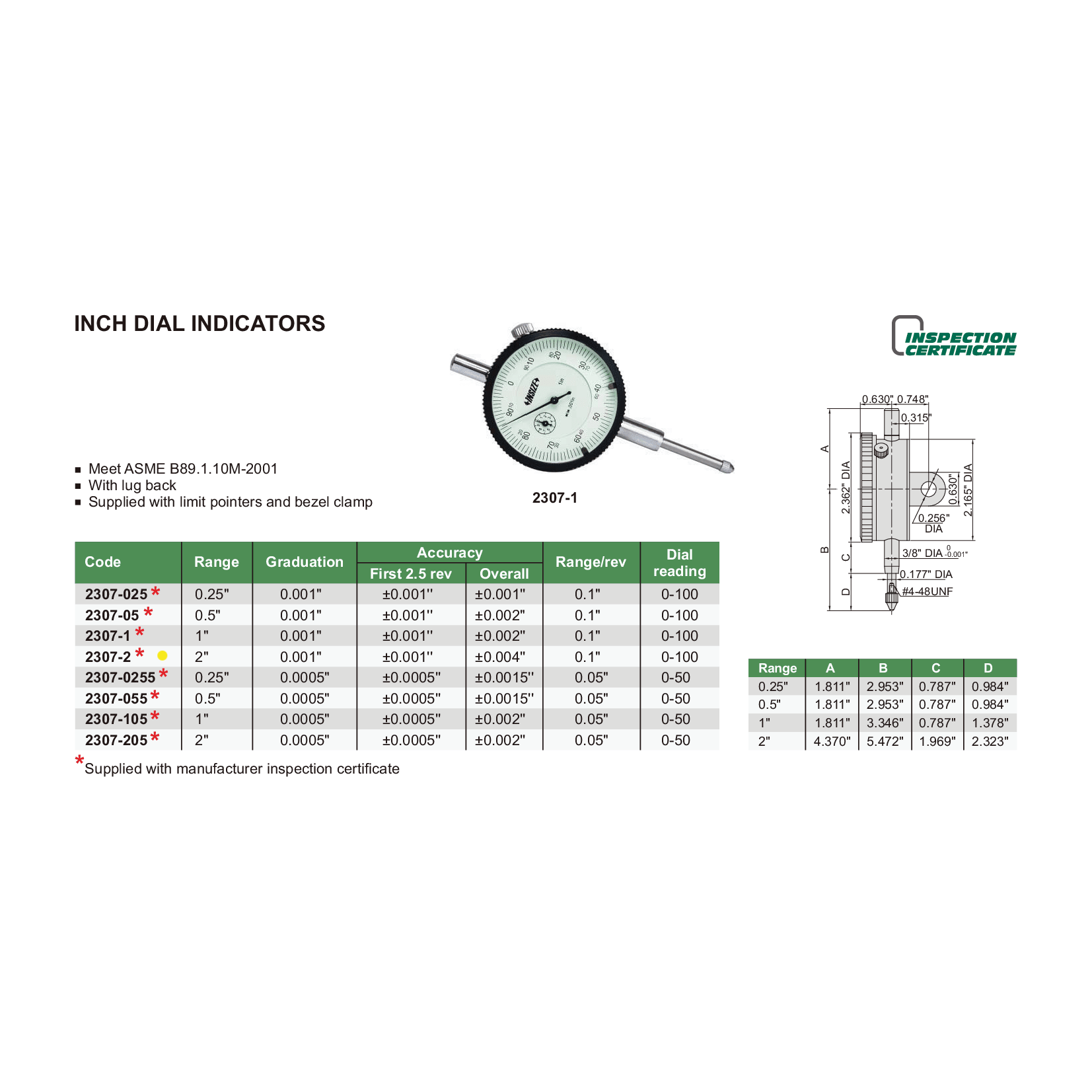 Insize Imperial Lug Back Dial Indicator 2" Range Series 2307-2