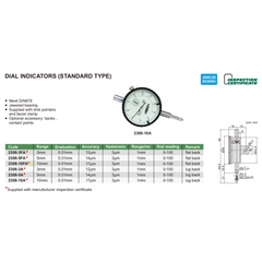 Insize Metric Flat Back Dial Indicator 10mm Range Series 2308-10FA