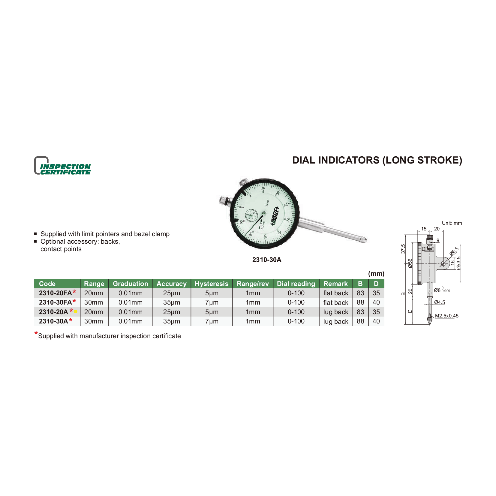 Insize Metric Long Stroke Dial Indicator 20mm Range Series 2310-20A