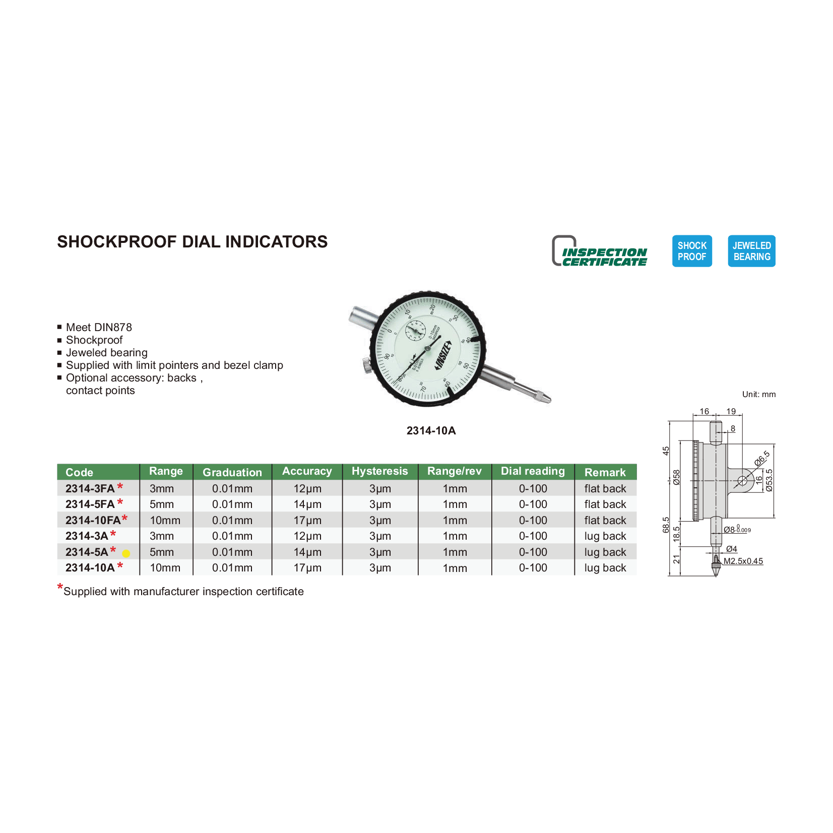 Insize Shockproof Dial Indicator 5mm Range Series 2314-5A