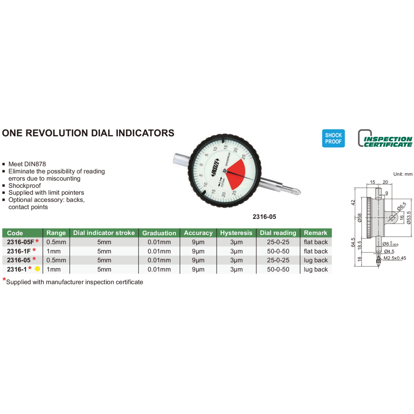 Insize One Revolution Dial Indicator 1mm Range Series 2316-1