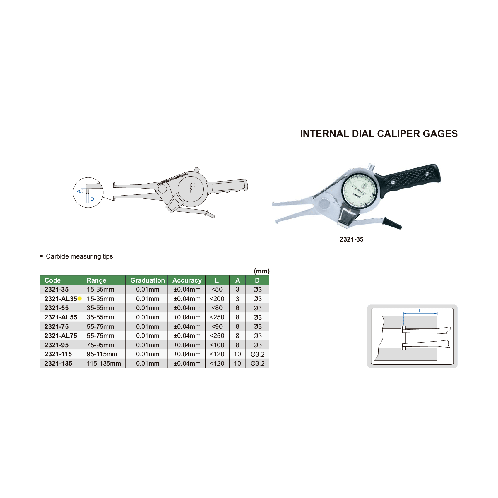 Insize Internal Dial Caliper Gauge 15-35mm Range Series 2321-AL35