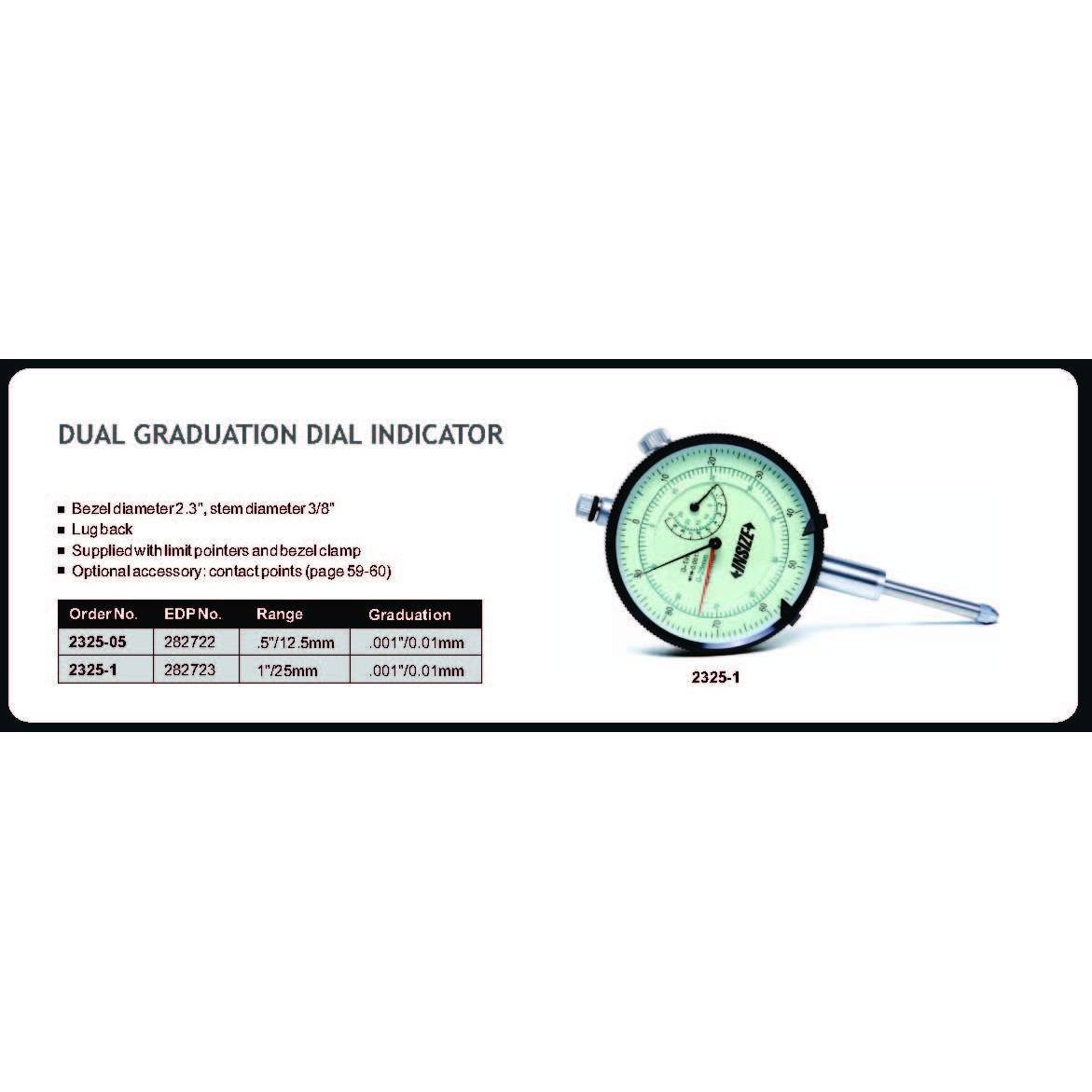 Insize Dual Graduation Dial Indicator 12.5mm/0.5" Range Series 2325-05