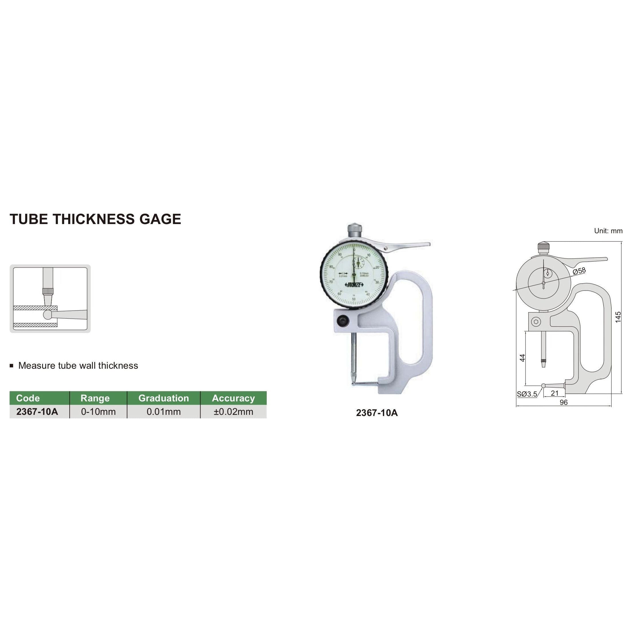 Insize Tube Type Thickness Gauge 0-10mm x 0.01mm Range Series 2367-10A