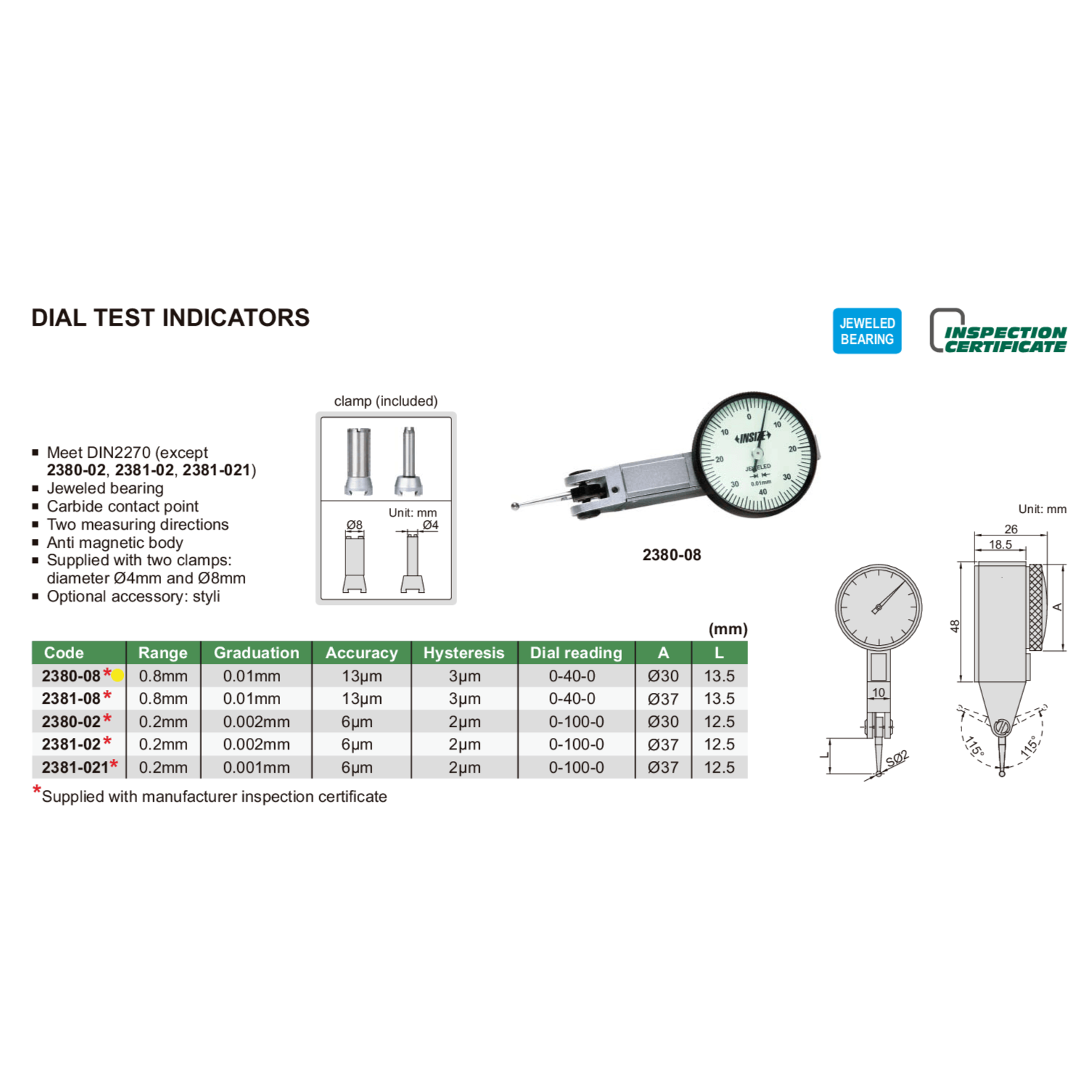 Insize Metric Dial Indicator 0.8 mm Range Series 2380-08