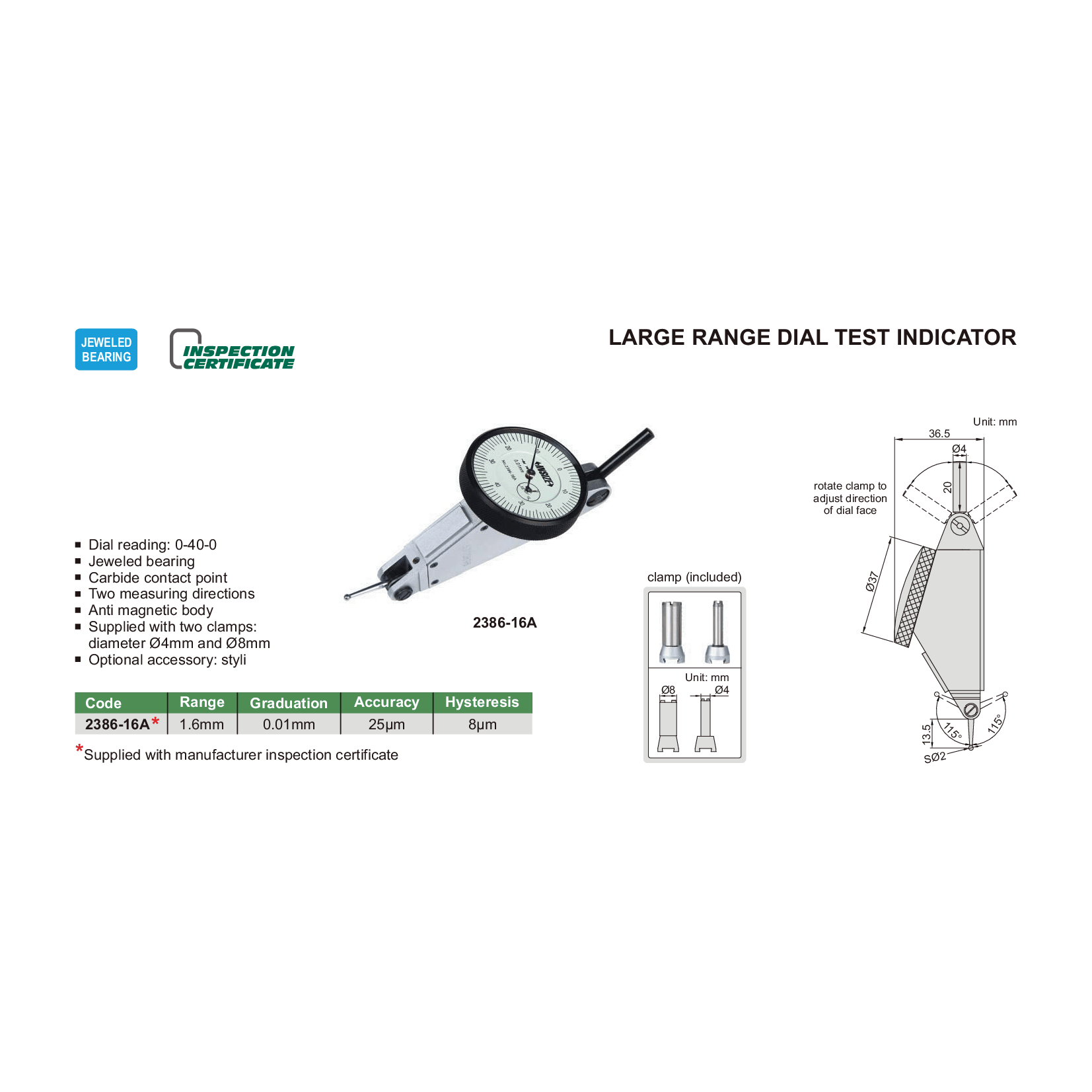 Insize Large Range Dial Test Indicator Range Series 2386-16A