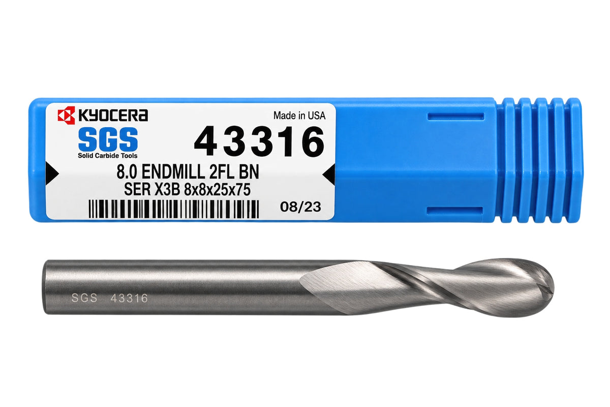 Kyocera SGS 43316 8mm 2 Flute Bright Uncoated Carbide Ball Nose End Mill