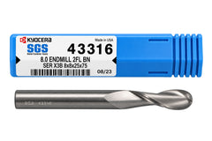 Kyocera SGS 43316 8mm 2 Flute Bright Uncoated Carbide Ball Nose End Mill